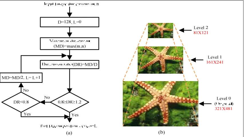 Fig.11. (a) Determination of number of decomposition levels, (b) Two level decomposition with corresponding designations