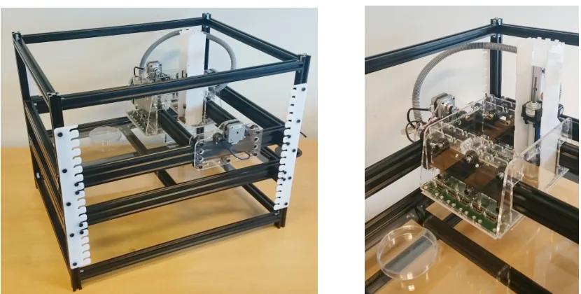 Figure 1: The EvoBot liquid handling robot (left) and a close-up of the movable head equipped with one syringe module.