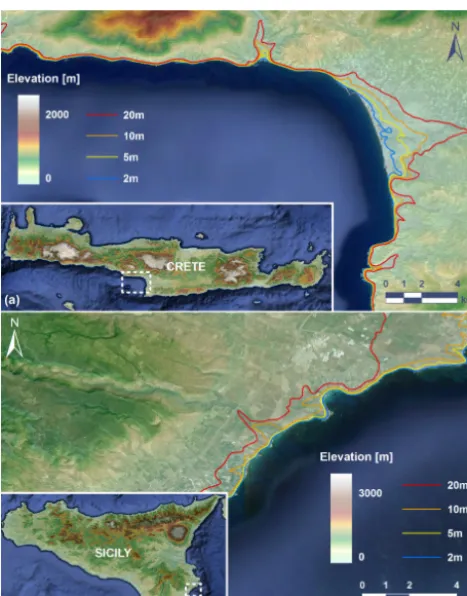 Figure 7. Simulated extreme water elevation (ζ/ζ0) for theearthquake-induced tsunami scenarios at: (a) the southwest ofCrete, and (b) the East of Sicily.