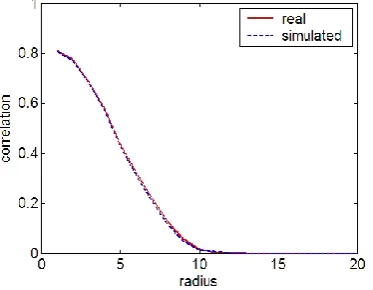 Fig. 5. Example of correlation functions for real and simulated pat-terns for q=1, and m=4