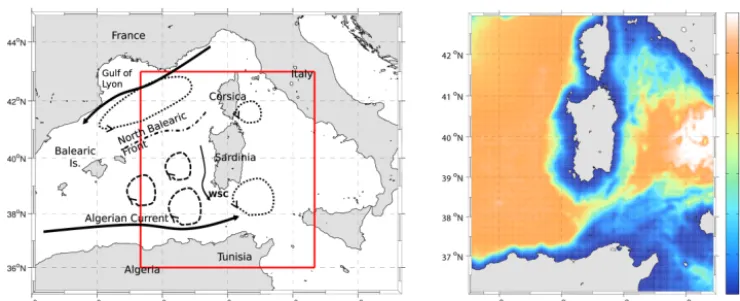 Figure 1. Left: study area with toponyms and main circulation features as known from literature