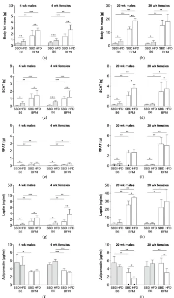 Figure 1. Body fat mass (a/b), subcutaneous adipose tissue (c/d), reproductive adipose tissue (e/f), serum level of leptin (g/h) and serum level of adiponectin (i/j) at four and 20 weeks of age in BFMI and B6 males and females on standard breeding (SBD) an