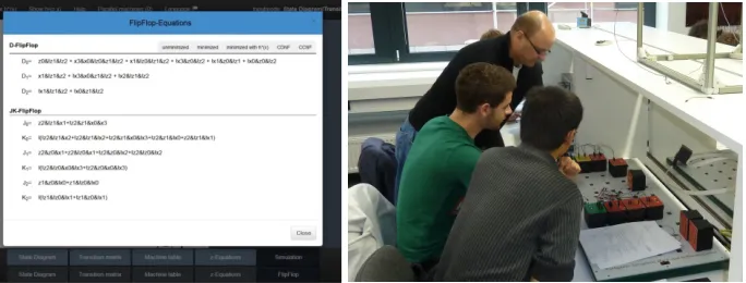 Fig. 12.  GIFT: Export of minimized D Flip-Flop and JK Flip-Flop equations (left),              used in hands-on lab session (right) 