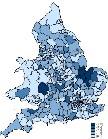 Figure 1. Geographical distribution of A8 migration in England and Wales, 2004-2008, % of local population  