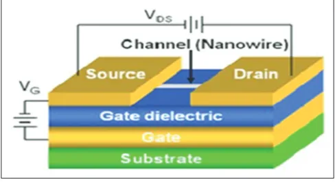 Figure 1: Schematic of a nanowire transistor showing metal source and drain electrodes with the nanowire