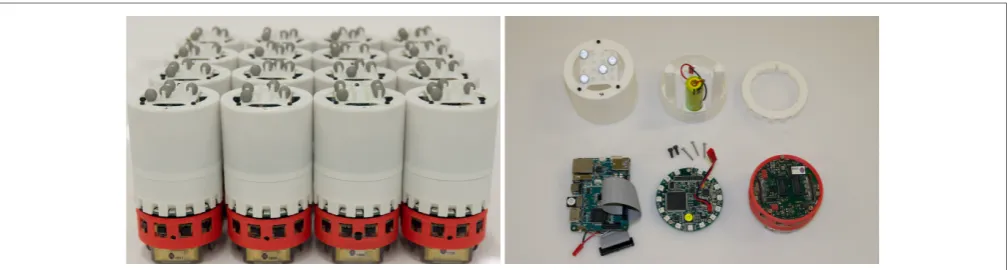 FIGURE 4 | Left: 16 assembled Xpucks. Right: major components, left to right, top to bottom