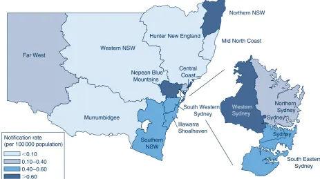 Figure 3.Measles case notification rate per 100 000 population for six age groups and year of onset, NSW, 2002–2011.Source: NSW Notifiable Conditions Information Management System, Health Protection NSW.
