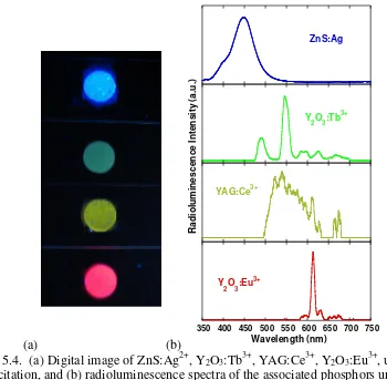 Figure 5.4.  (a) Digital image of ZnS:Ag2+nm excitation, and (b) radioluminescence spectra of the associated phosphors under irradiation by a 0.1 mCi , Y2O3:Tb3+, YAG:Ce3+, Y2O3:Eu3+, under 254 210Po alpha-particle source