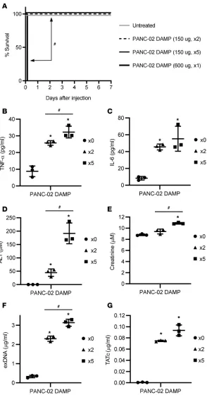 Figure 6. Multiple systemic injections of low procoagula-tive DAMPs gradually increase proinflammatory cyto-creatinine, (kines and organ damage markers in mice