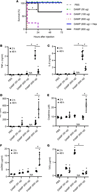 Figure 4. Single systemic injection of PAMPs and DAMPs differentially induces fibroblast supernatants (DAMPs) (mortality and organ damage in mice