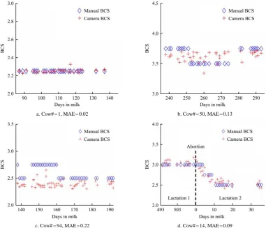 Figure 11  Different patterns of camera scores versus manual scores among cows  