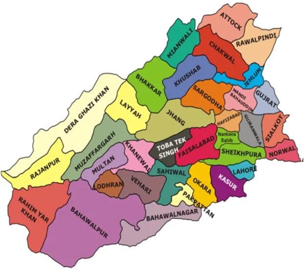 Figure 2.2 The Map of Punjab Province showing all Districts  Source: Malik, 2011.  