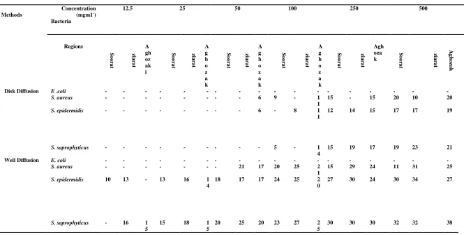Table 1- Comparison of mean diameter of growth inhibition for different concentrations of nettle leaves extract in the disk diffusion and well diffusion methods  