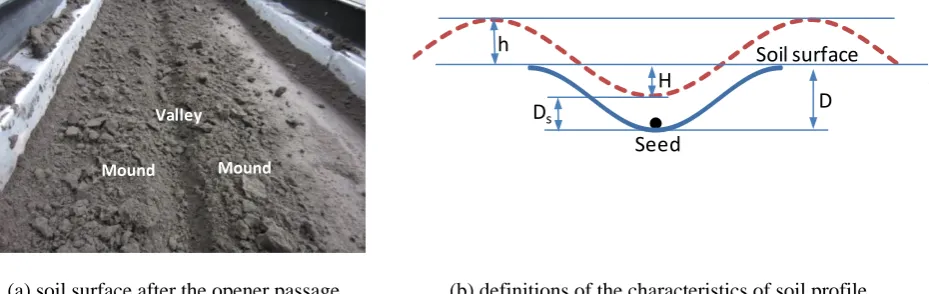 Figure 2 Soil surface profile; H is the depth of the valley; h is the height of soil mound; D is the opener working depth; Ds is the soil cover depth 