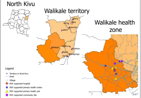 Fig. 1 MSF Walikale project area and MSF supported health facilities, North Kivu, DRC