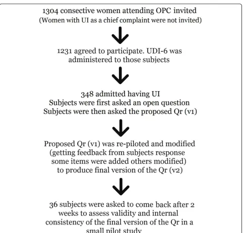 Figure 1 Flow chart of study subjects. OPC: outpatient Urology & Gynaecology clinics, Qr = Questionnaire, UDI-6 = Urogenital distressinventory, UI = Urinary Incontinence