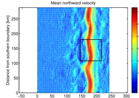 Figure 3. The mean northward surface velocity during a 3-day sim-ulation. The region enclosed by the black line is used for assessingthe performance of the data assimilation system.