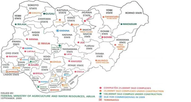 Figure 10 Grain reserve location map of Nigeria (Borokini, 2013) 