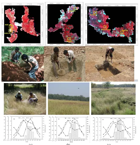 Figure 1 Locations of sample plots, soil type, grass type and variability of different meteorological parameters  (a) MNP  (b) BNP  (c) KNP 