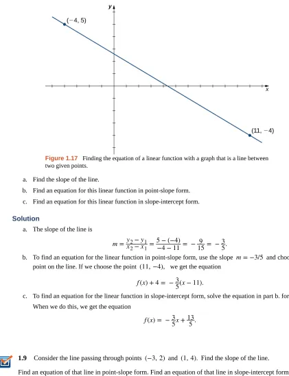 Figure 1.17 Finding the equation of a linear function with a graph that is a line between