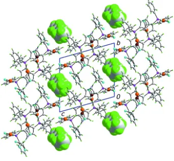 Figure 2A view of the crystal packing in (I). The C–H···Cl interactions are shown as blue dashed lines, and the solvent hexane 