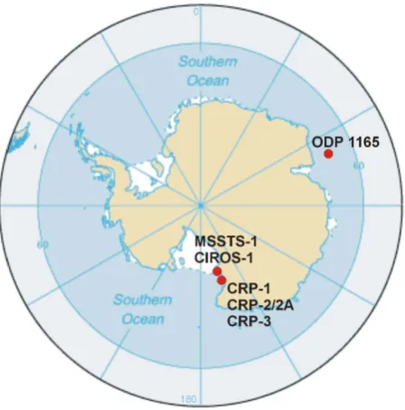 Fig. 1. Map of the Antarctic continent including the locations ofthe Cape Roberts project drill sites and the preceeding MSSTS-1and CIROS-1 drillings