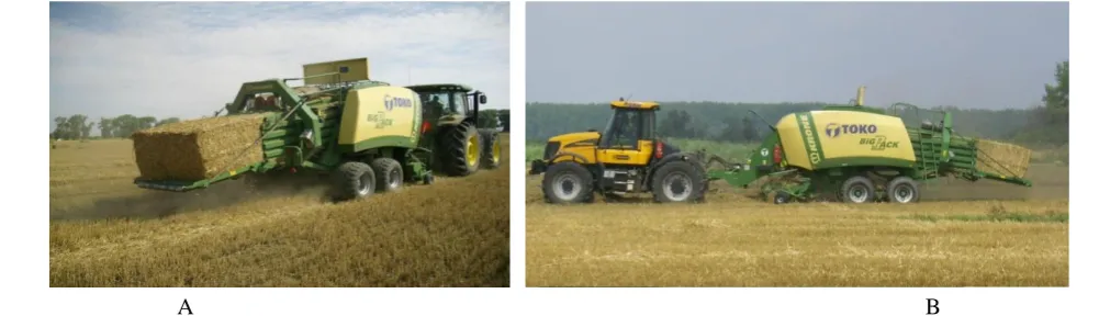 Figure 1 A - straw large square baler KRONE Big Pack 1290XC trailed on the field by tractor JOHN DEERE 7200R, B - straw large square baler KRONE Big Pack 1290XC trailed on the field by tractor JCB Fast Track 3200 