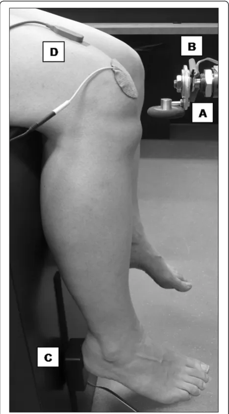 Figure 1 Participant position and experimental apparatus. Amounted behind the participant)Custom-built pneumatic device that delivered the patellar tendontaps