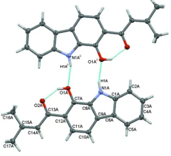 Figure 4One of the H-bonded dimers. Dashed blue lines respresent hydrogen bonds. Molecule B (not shown) forms dimers with 