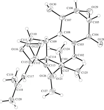 Figure 2Structure of C23H28O7 molecule two with labelling of selected atoms. Anisotropic displacement ellipsoids display 30% 