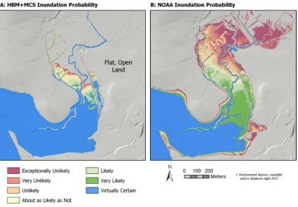 Figure 1: Probability of Inundation for the upper Exe Estuary arising from (A) 
