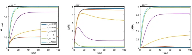 Fig. 5 Binding dynamics with varyingmore pronounced peak in α. As we move from positive to negative cooperativity, we see a [AR] with Abound tending to lower concentrations