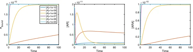 Fig. 3 The binding of ligandcooperativity leads to most dimers becoming dual bound. Parameter values are A to a pre-dimerised receptor results in a surge in [AR], while positive ka+ = 1 × 107 M−1 s−1and ka− = 0.1 s−1 for association and dissociation rates 