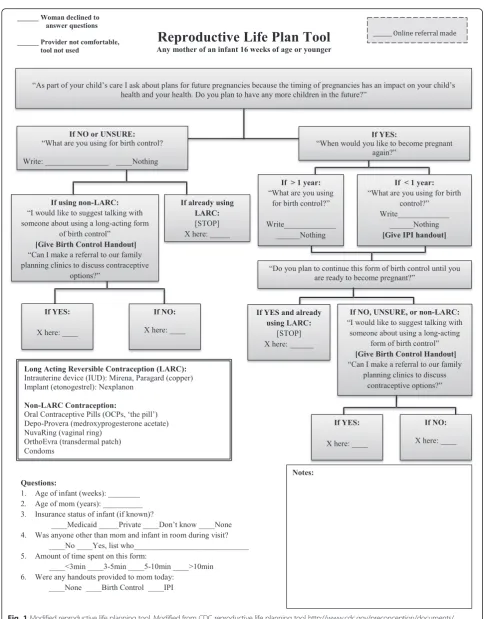 Fig. 1 Modified reproductive life planning tool. Modified from CDC reproductive life planning tool http://www.cdc.gov/preconception/documents/rlphealthproviders.pdf