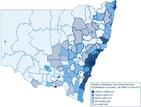 Figure 1.The geographical distribution of Medicare Teen Dental Plan services for each Statistical Local Area in NSW, for the periodJuly 2008 to June 2011.Source: Department of Human Services National Office, Canberra, Australia.
