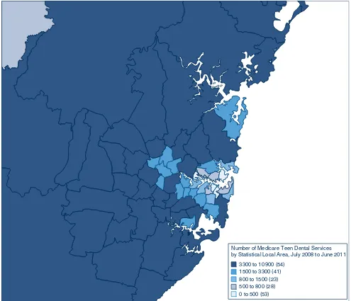 Figure 2.The geographical distribution of Medicare Teen Dental Plan services for each Statistical Local Area in the SydneyMetropolitan Area for the period, July 2008 to June 2011.Source: Department of Human Services National Office, Canberra, Australia.
