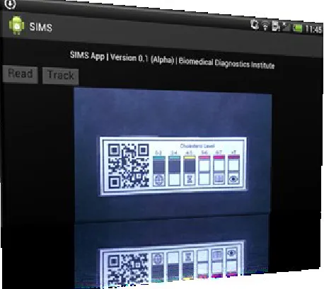 Figure 8.  The communications interface mobile phone application. The app allows an image of the SIMS device to be captured by the phone’s camera