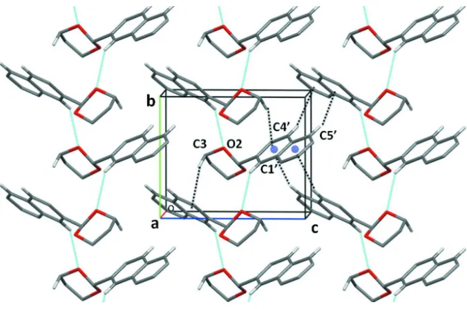 Figure 2A view along the a axis of the crystal packing of the title compound. The C—H···O and C—H···π interactions are shown 