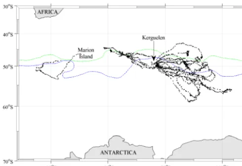 Figure 1. Tracks of 19 southern elephant seals tagged with FCTD-SRDLs over austral summers from 2009 to 2013 in black