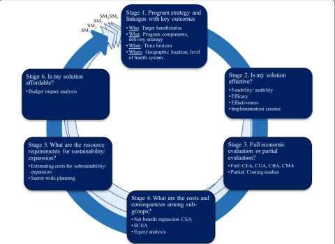 Fig. 1 Conceptualizing a stage-based process for economic and financial evaluations of mHealth solutions