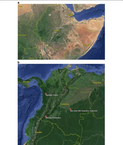 Fig. 1 a. Study sites in Ethiopia. b. Study sites in Colombia. Image provided by U.S. Dept