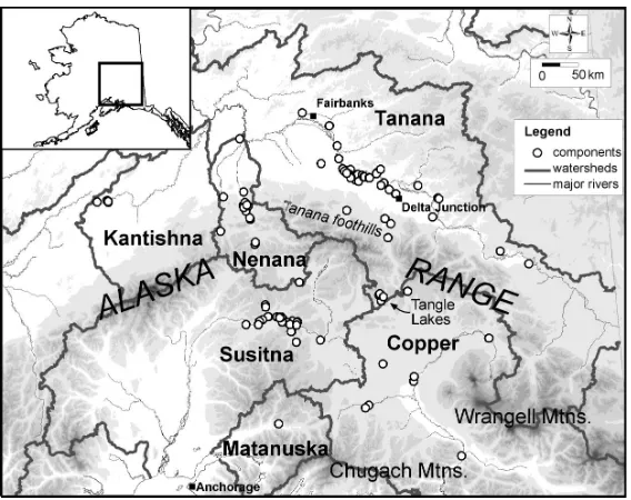 Figure 1 Central Alaska study area, showing dated component locations (elevation