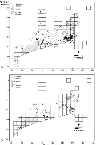 Figure 5.7 Broken Mammoth CZ4 plan views. A, faunal distributions; B, flake distributions (adapted from Krasinski and Yesner 2008).