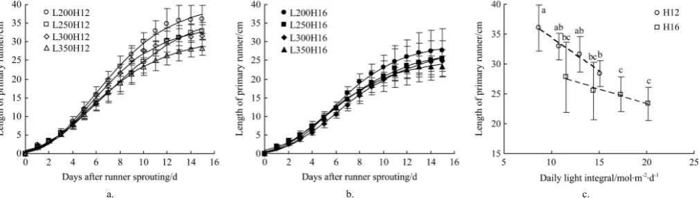 Figure 2  Time courses of length of primary runners as affected by light intensity and photoperiod (a and b) and relationship between the 