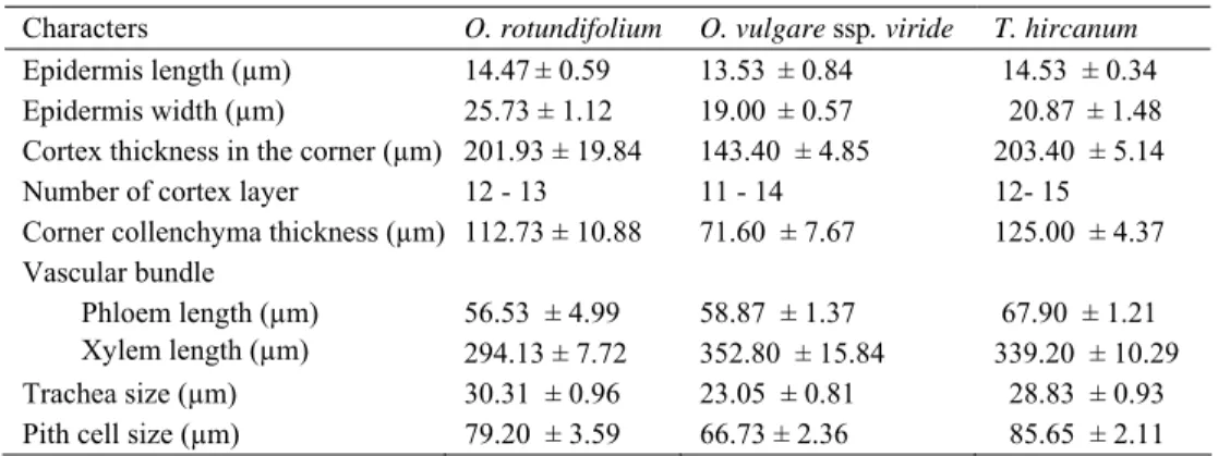Table 1. Stem features of three Lamiaceae taxa. 