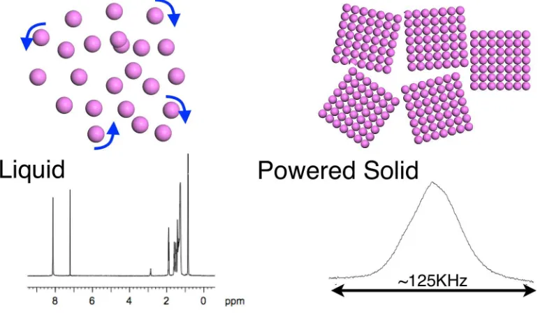 Figure 2: Schematic Representation of the diﬀerence between NMR on liquids and poweredsolids