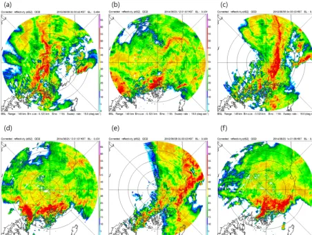 Figure 2. Time series of horizontal reﬂectivity (ZH) at 0.5 elevation angle observed from BSL (a) 04:00 LT, (c) 05:00 LT, and (e) 06:00 LTon 8 September 2012 and (b) 12:00 LT, (d) 13:00 LT, and (f) 14:00 LT on 25 August 2014.