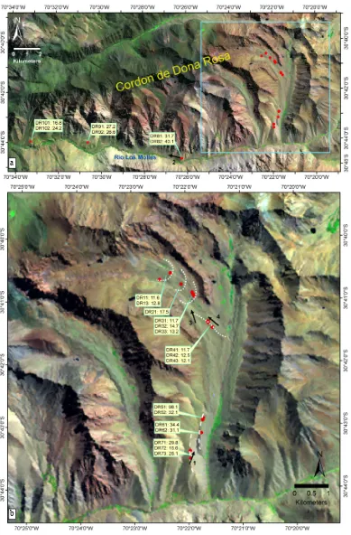 Fig. 2.view of the prominent latero-frontal moraines and the recessional moraines. The dotted lines indicate terminal moraines, the dashed lineslatero-frontal ones