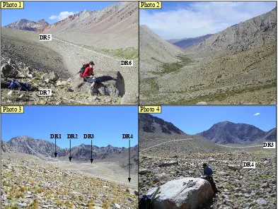 Fig. 3. Photo 1: View from the prominent latero-frontal moraine DR7 in northern direction onto the prominent lateral moraine DR6 and 5.Figure 3 Photo 2: View from sampling location DR8 down-valley in western direction