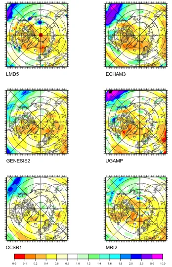 Fig. 1c. Mean annual precipitation ratio between past (21 kyr) and present simulated by each of the atmospheric general circulation modeland interpolated on the ice-sheet model grid.